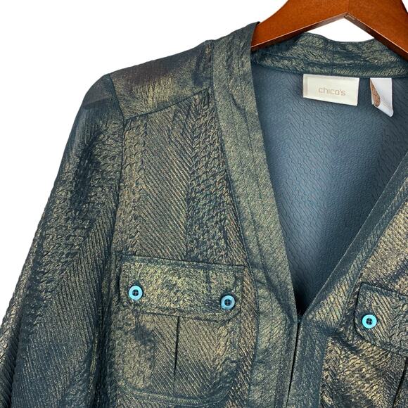 Chicos Teal Gold Shirt Blouse Top Shimmery Pockets 3/4 Sleeves Women's 1 M 8 - Picture 3 of 6